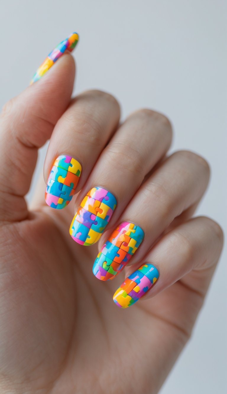 Close-up of hand with nails painted in multicolor puzzle piece patterns, a playful and unique rainbow nail art idea.