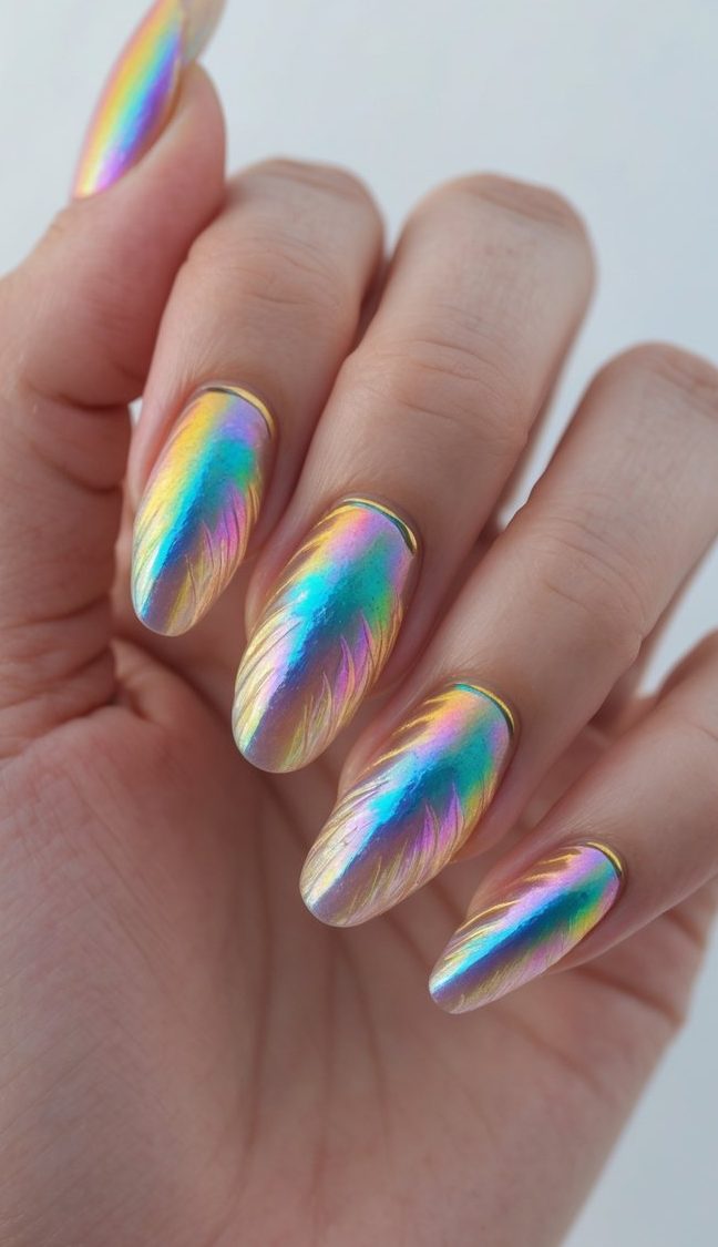 Nails with feather-textured chrome rainbow polish, creating a radiant and refined rainbow nail art idea with a metallic sheen.