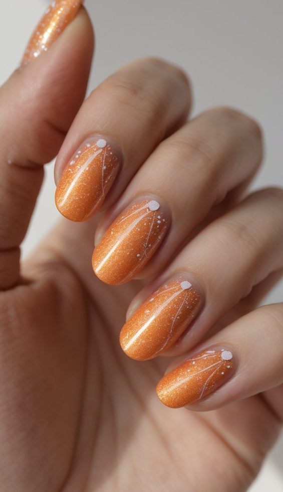 a close-up of a hand with bright orange shimmer nails, finished with sweeping white linework and dotted designs for a fun shimmer nail art idea