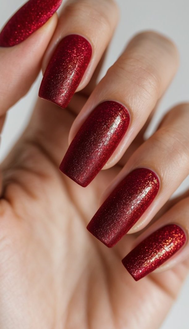 close-up of long red glitter nails in a square shape, featuring a glowing ruby tone perfect for a romantic shimmer nail art idea