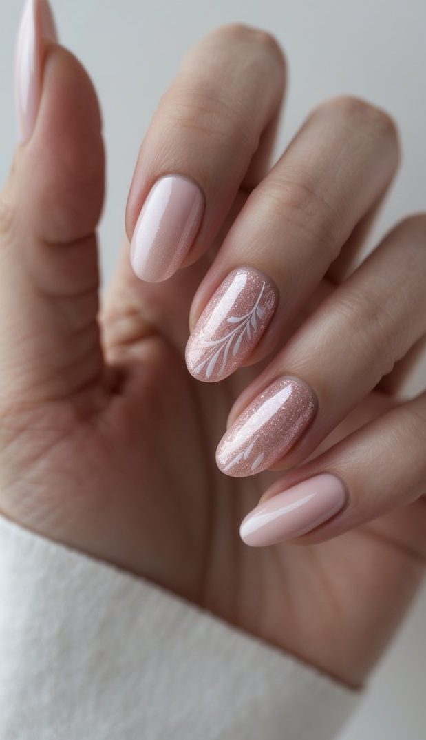 close-up of a hand showing pink glossy nails with two shimmer accent nails adorned with subtle white leaf art, creating a graceful shimmer nail art idea