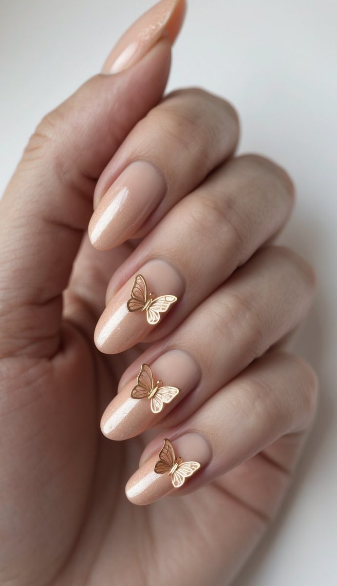 a hand with almond-shaped nude shimmer nails, each decorated with a tiny gold butterfly charm, creating a romantic and delicate shimmer nail art idea