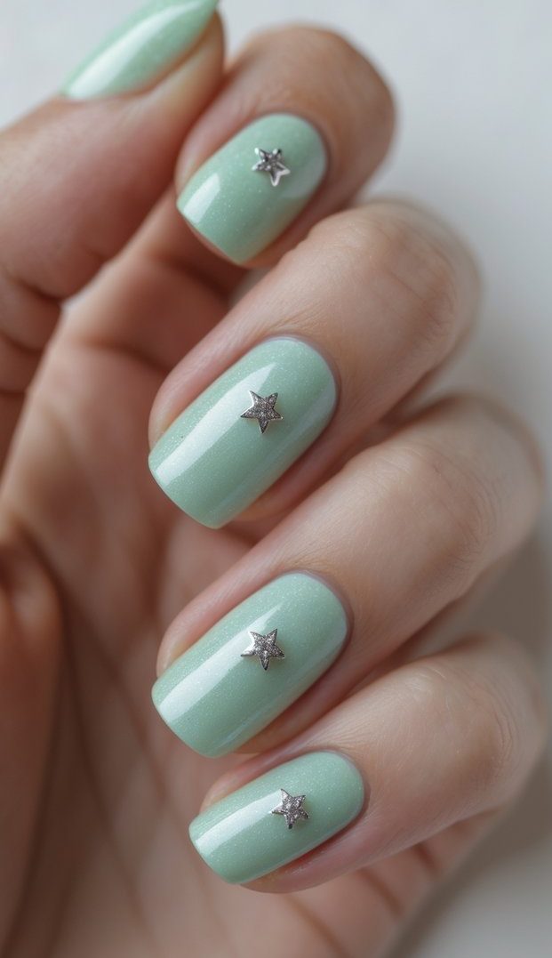 a hand with short, glossy mint green nails, each accented with a tiny silver star charm centered on the nail for a fresh shimmer nail art idea