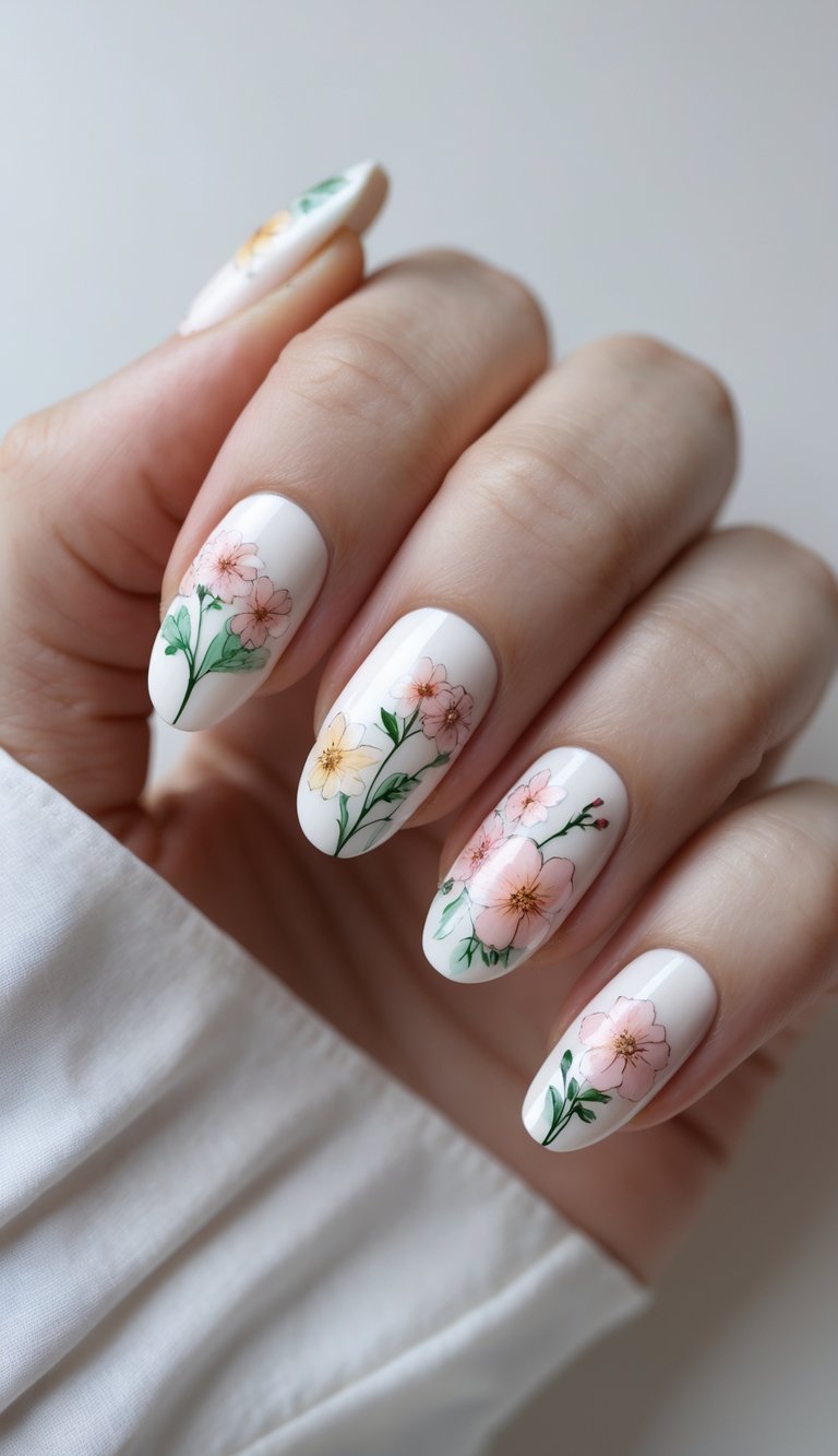 Close-up of one hand with detailed floral nail art against a plain white background.