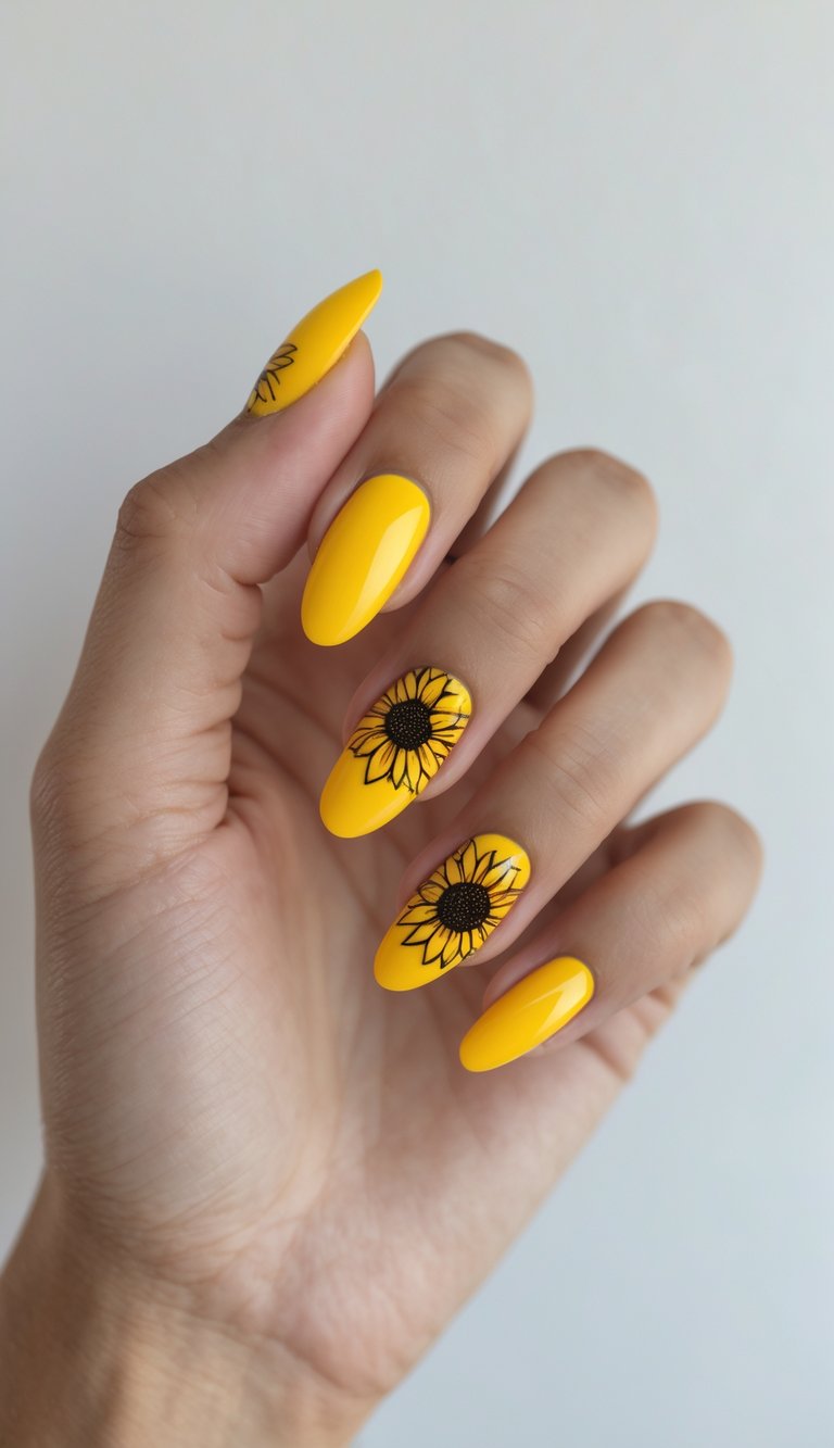 A hand with long almond-shaped nails painted in bold yellow, featuring two accent nails with sunflower floral nail art idea in fine black detailing.