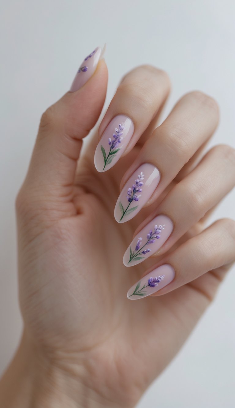 A close-up of a hand with almond-shaped nails painted in pale pink, featuring realistic lavender floral nail art idea on each fingertip.