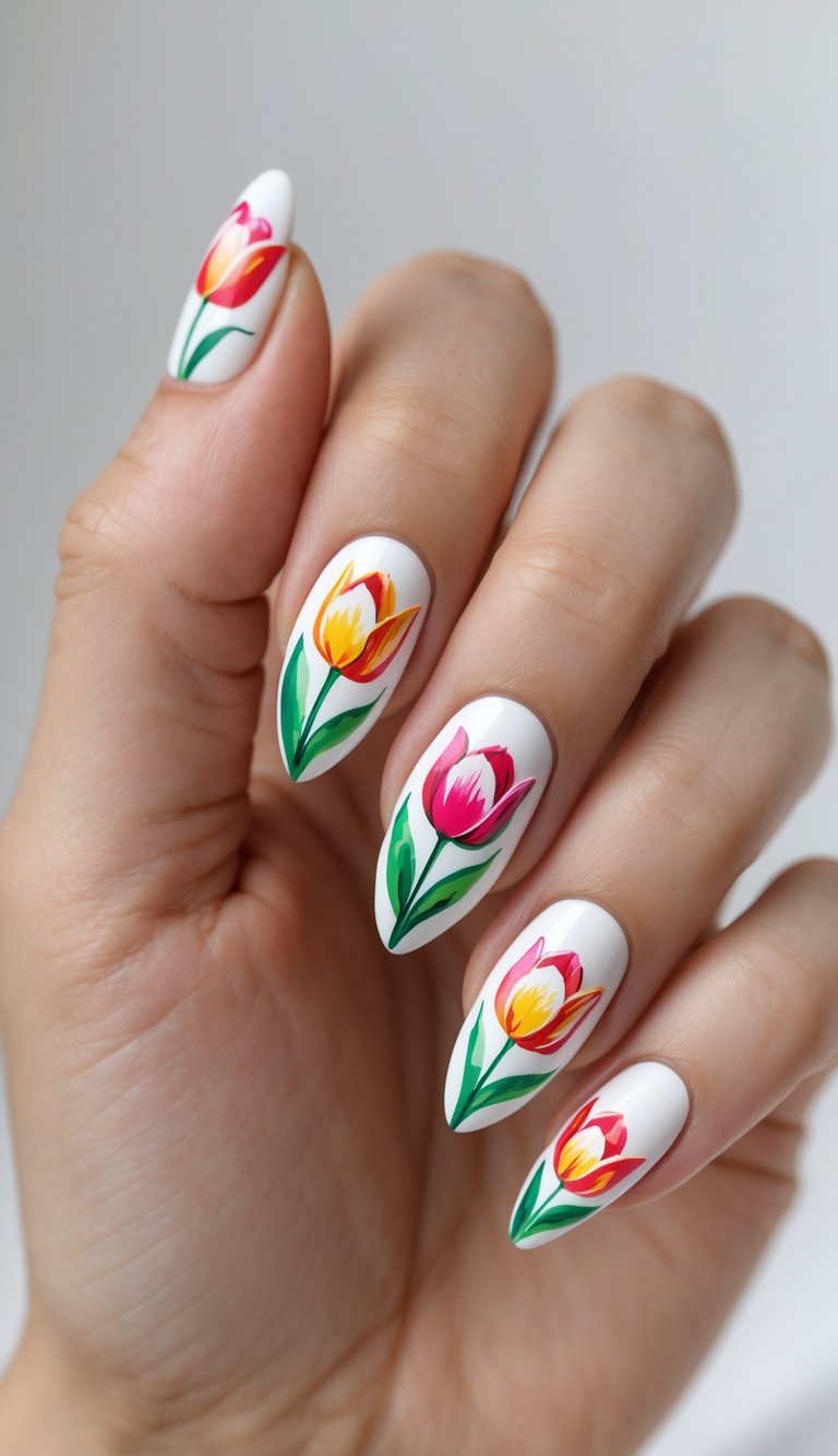 A close-up of a hand with long almond-shaped nails painted white, each decorated with vivid floral nail art idea of red, pink, and yellow tulips with green leaves.