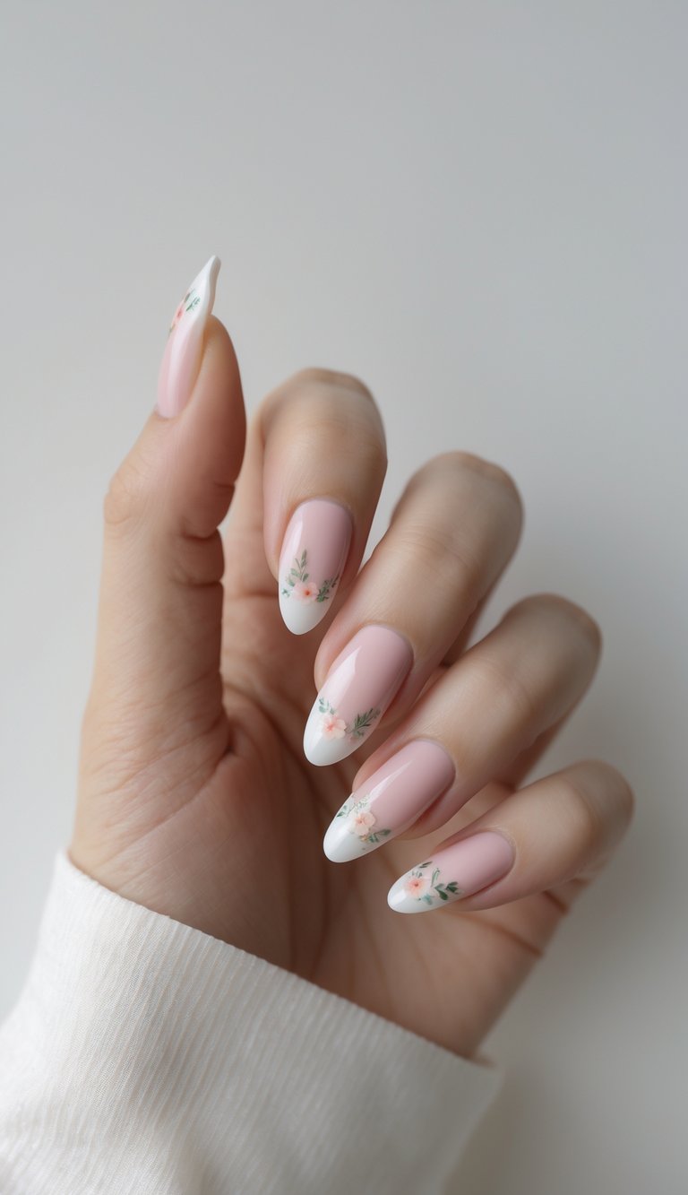 Elegant hand in frame showing glossy pink nails with white French tips, adorned with a romantic floral nail art idea of tiny pastel flowers and light green leaves.