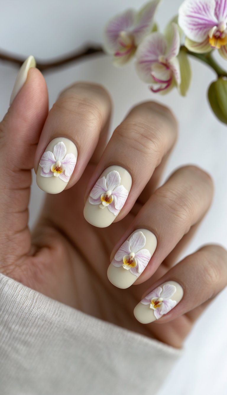 Close-up of a hand with matte cream nails, each adorned with a realistic 3D floral nail art idea featuring light pink and white orchids with yellow centers.