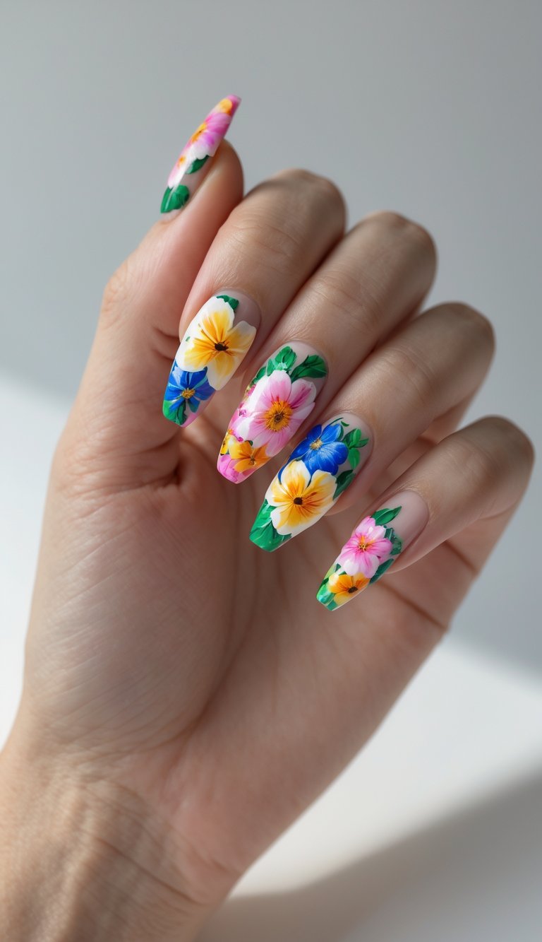 A feminine hand displays a floral nail art idea with vivid pink, blue, and yellow flowers on long nude nails, designed with a lifelike garden aesthetic.