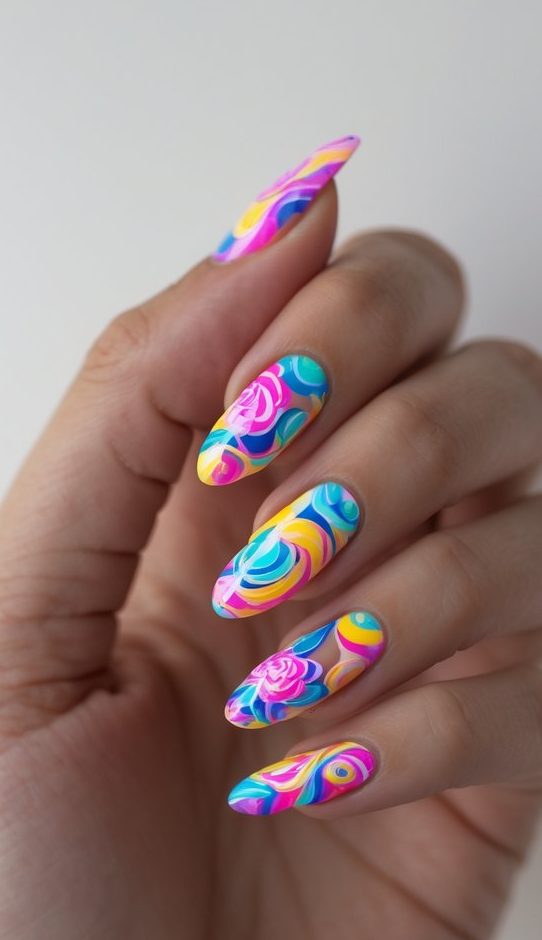 Hand showing a floral nail art idea with abstract swirling designs in pink, yellow, turquoise, and blue, styled into floral patterns on almond-shaped nails.