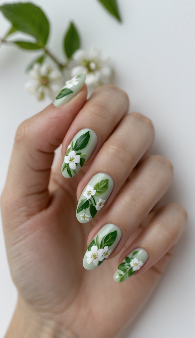 A hand posed with nails featuring a floral nail art idea, combining pastel green polish with white flowers and artistic leaf detailing on an almond nail shape.