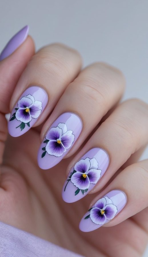 Close-up of a hand with lavender-colored nails, designed with a floral nail art idea that features purple pansies with white edges and tiny green leaves.