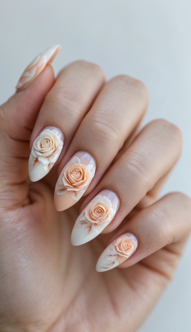 A hand with almond-shaped nails painted in nude and ivory, showcasing a floral nail art idea with intricate 3D peach roses and petal accents.