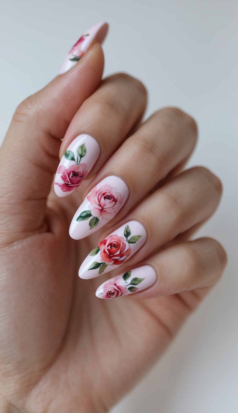 Close-up of a hand showing a floral nail art idea with watercolor red roses and green foliage over a light blush nail polish base.