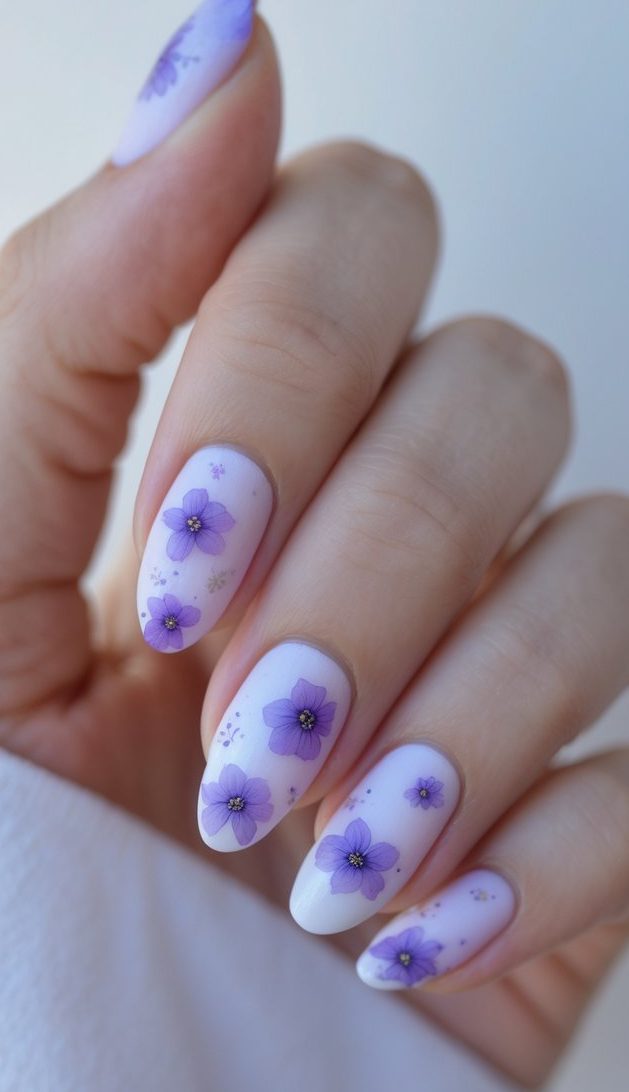 Hand with almond-shaped nails showcasing a floral nail art idea in soft lilac tones, adorned with dainty purple flowers and gentle gradients.