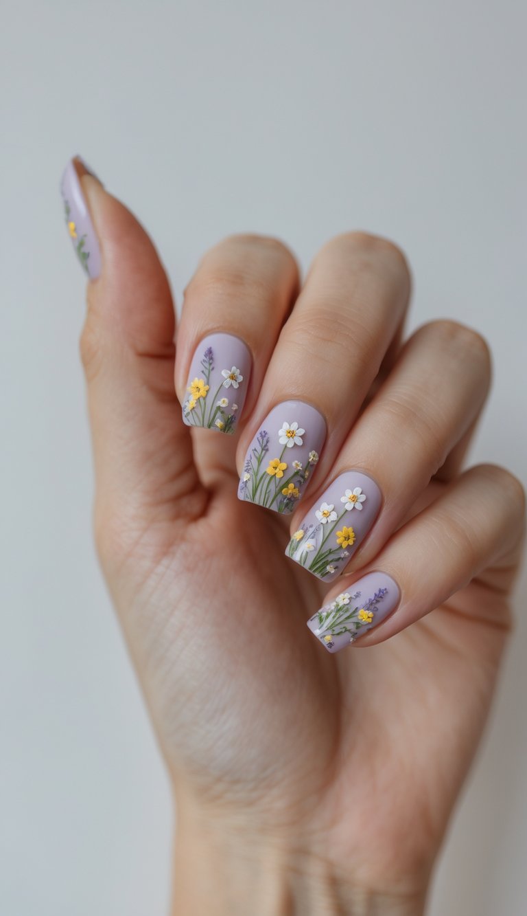 Close-up of a hand displaying a floral nail art idea in pale lilac polish, with delicate painted flowers and slender green stems resembling petals caught in a morning breeze.