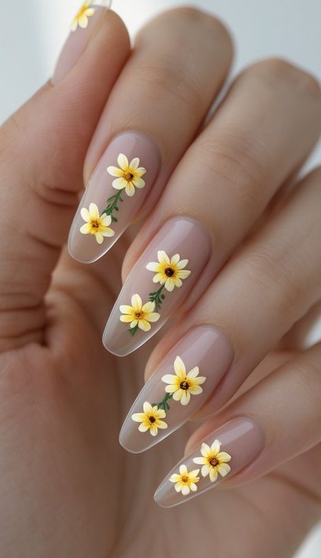 Minimalistic floral nail art with clear polished nails, each adorned with small yellow flowers trailing down the center for a simple yet charming design.