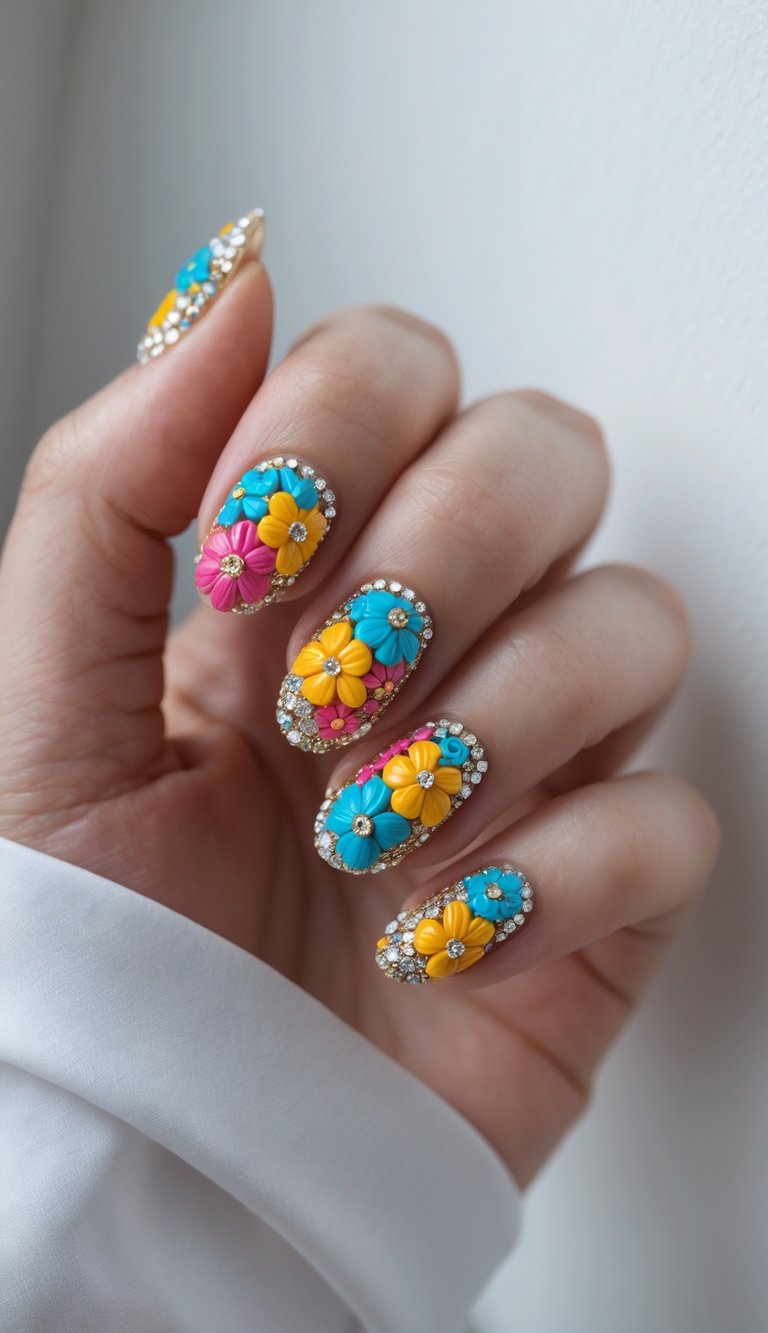 Elaborate nail art with sculpted floral designs in bright tropical shades and intricate rhinestone borders, creating a luxurious floral nail art idea fit for special occasions.