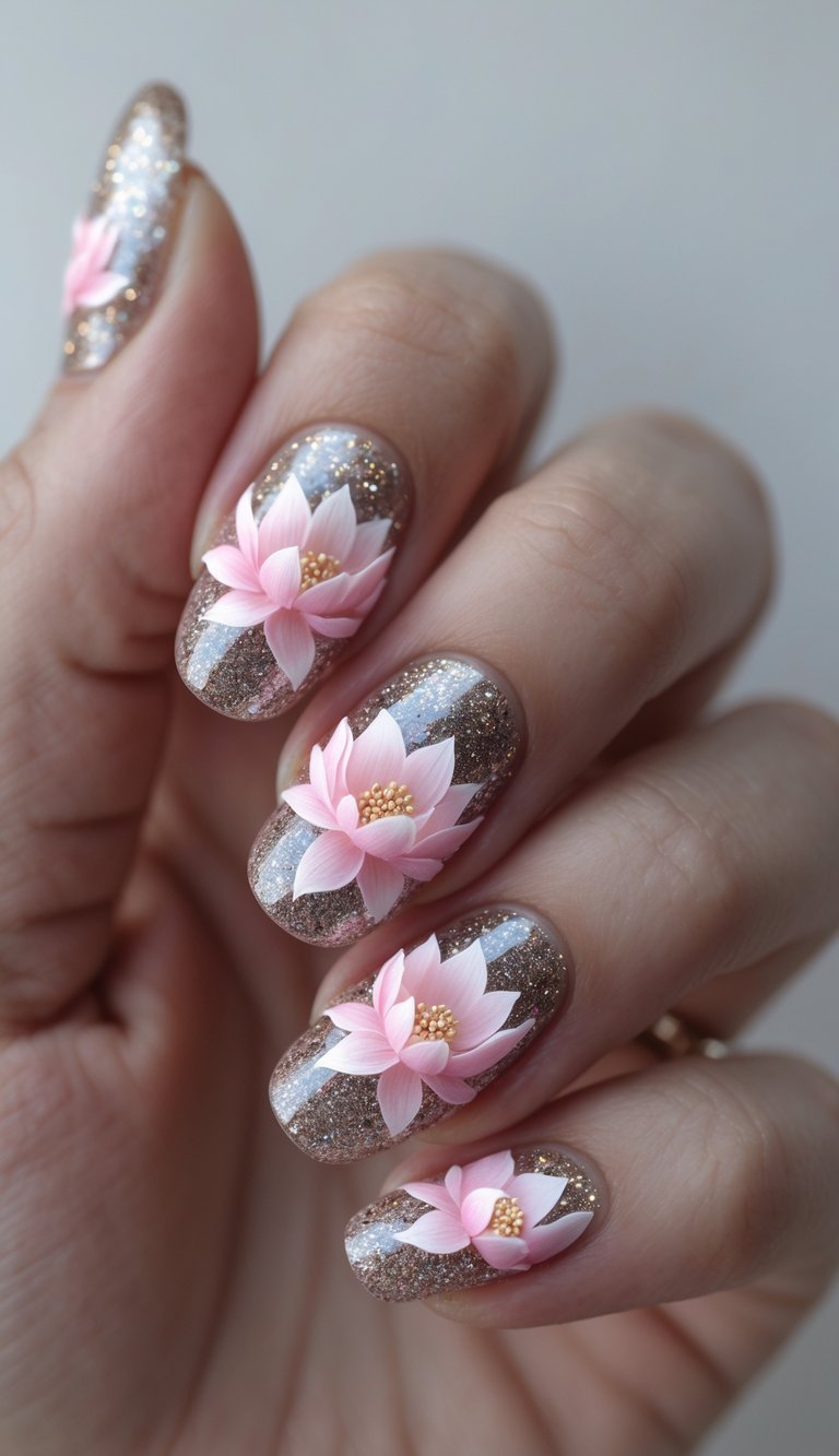 Floral nail art featuring delicate 3D pink lotus flowers resting on a sparkling bronze glitter base, evoking a dreamy, water-garden aesthetic.