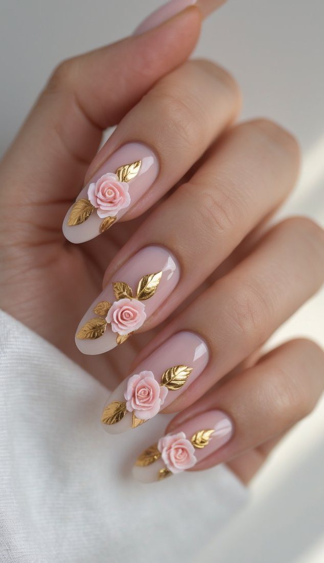 A close-up view captures a manicured hand wearing blush-toned nails, featuring floral nail art idea elements such as sculpted pink roses and metallic gold leaves with high-shine polish.
