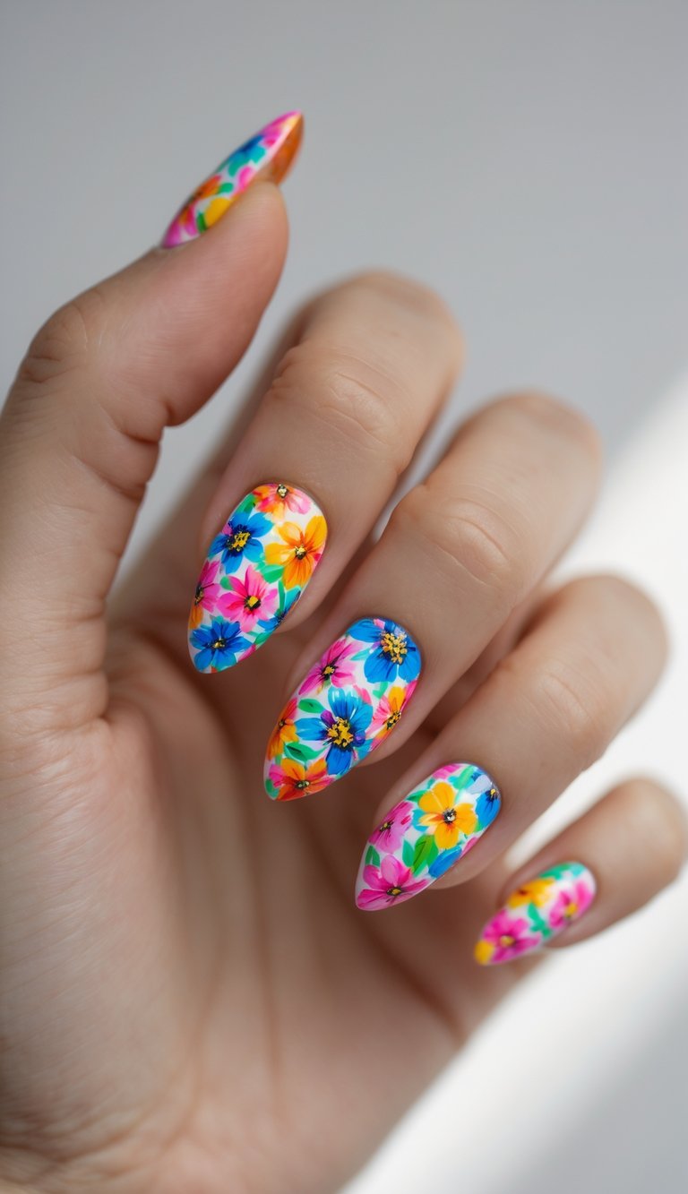 Seen from an angled view, a hand shows glossy almond nails decorated with a floral nail art idea featuring bold multicolor flowers, layered petals, and high-contrast detailing.
