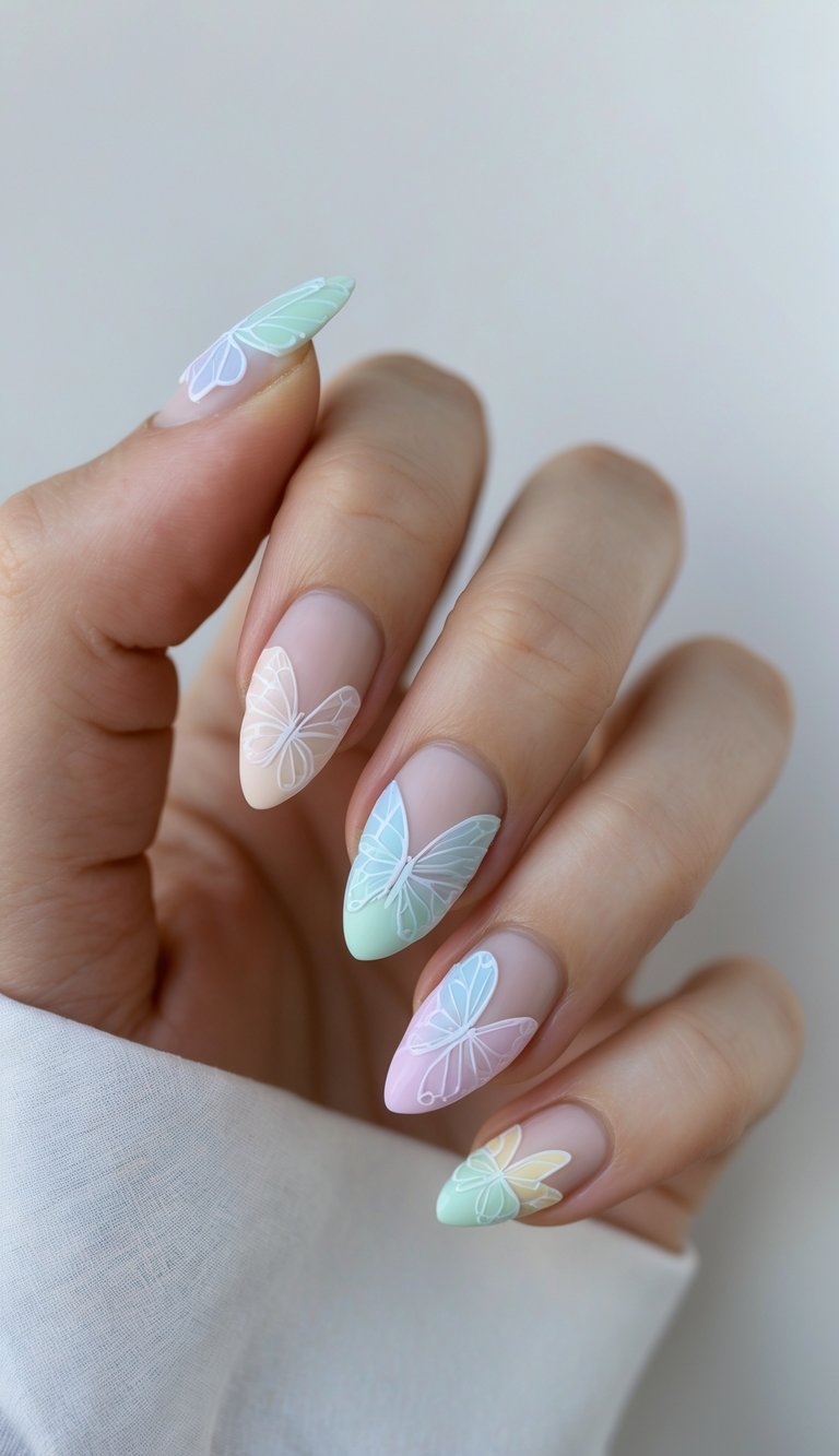 Fingernails decorated with a butterfly nail art idea in soft pastel greens, blues, and pinks, each wing delicately painted over a natural neutral base for a springtime feel.
