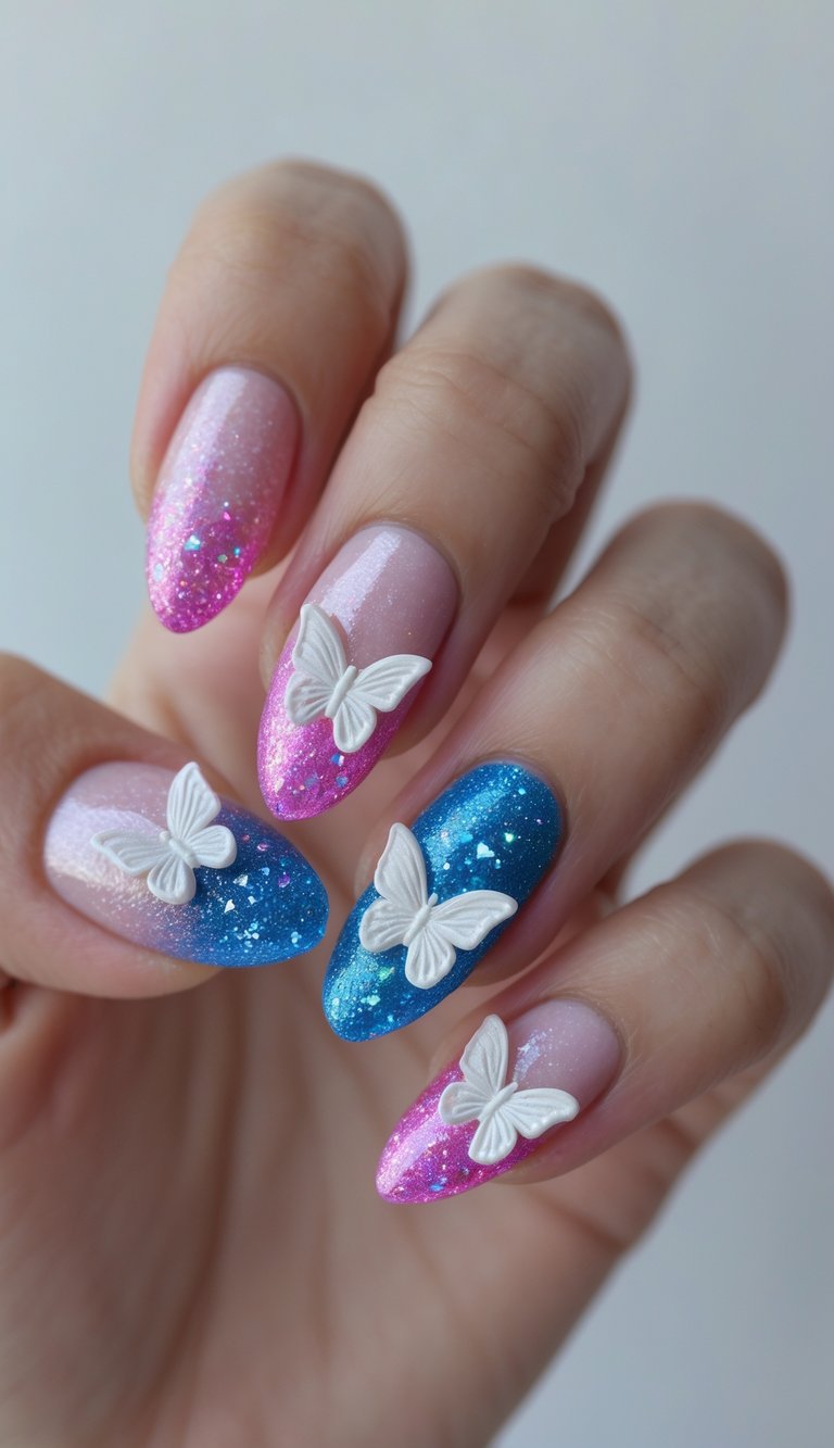 Hand with nails showcasing a butterfly nail art idea in fuchsia and blue glitter, each topped with a delicate three-dimensional white butterfly.