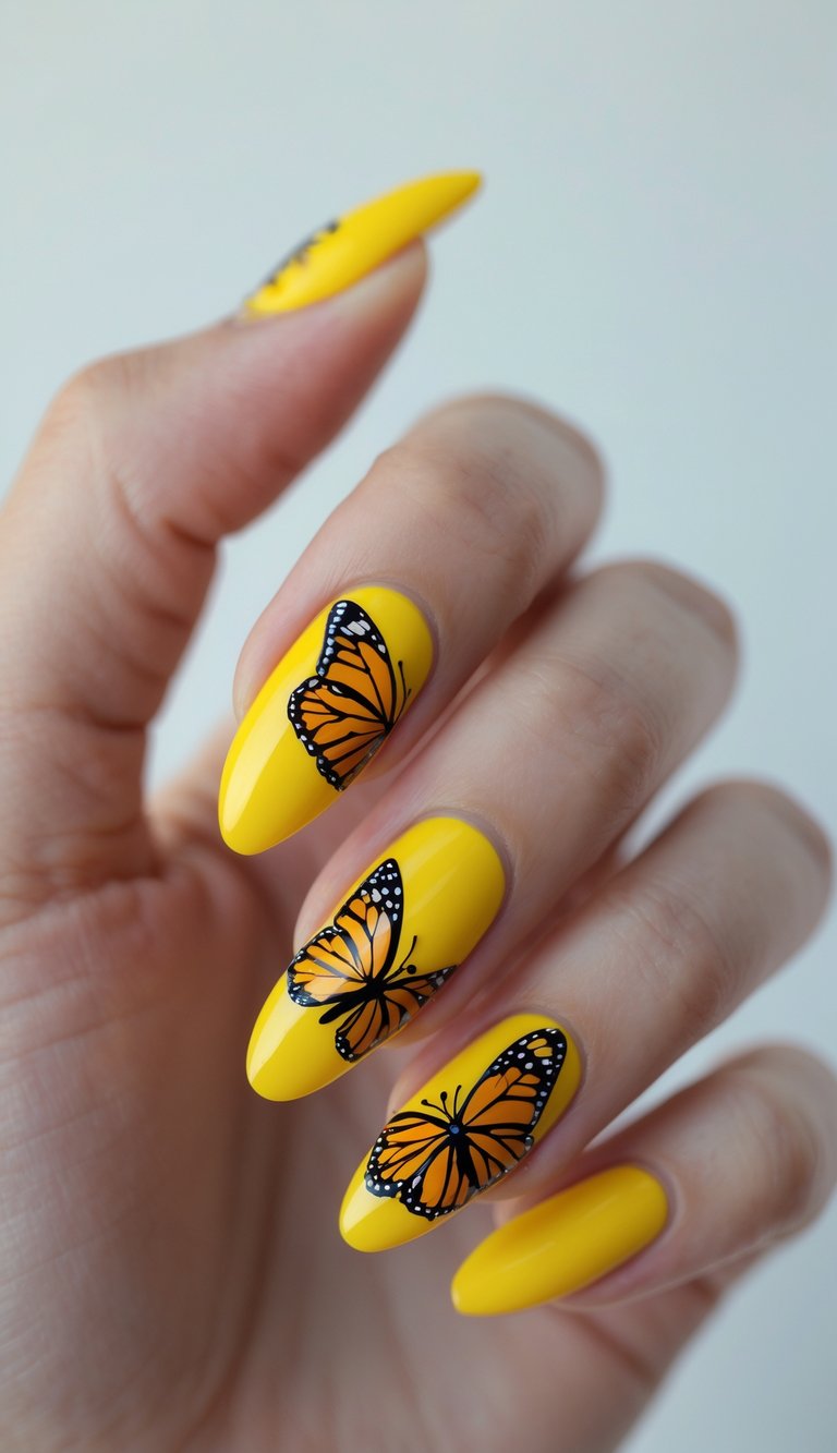 Vivid yellow manicure with monarch butterfly illustrations, showcasing a sunny and detailed butterfly nail art idea that feels both whimsical and refined.