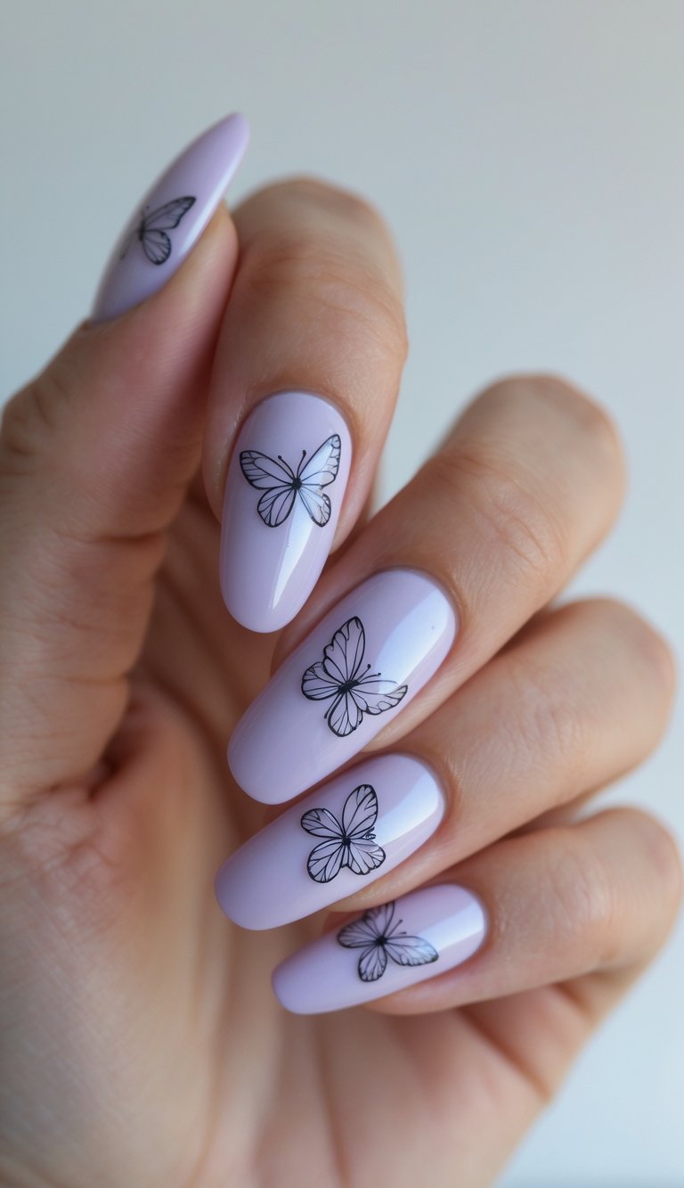 Close-up of lilac nails with black outline butterfly designs, showcasing a simple yet elegant butterfly nail art idea.