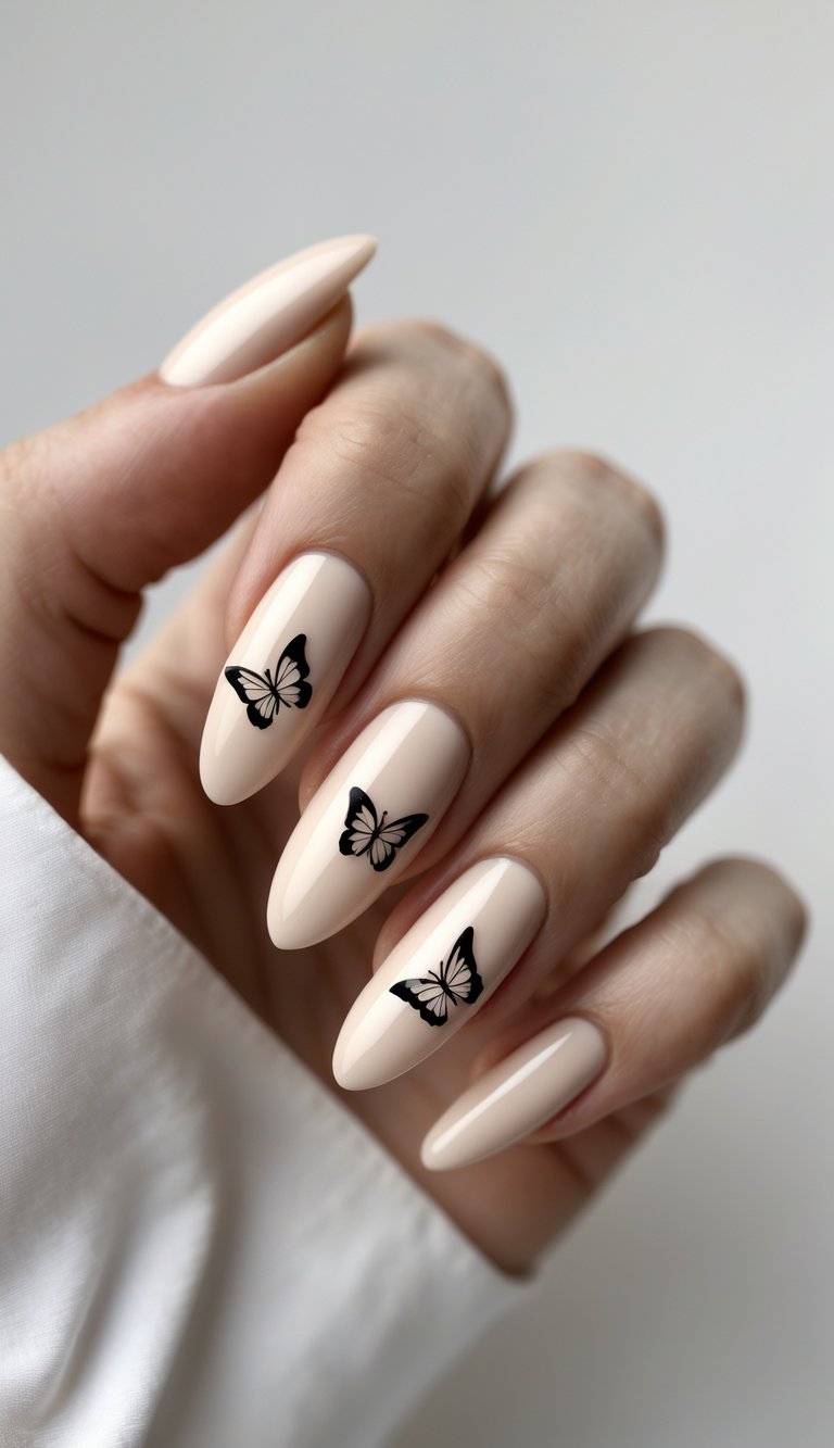 Neutral-toned nails with jet-black butterfly accents, expressing a bold yet subtle butterfly nail art idea.