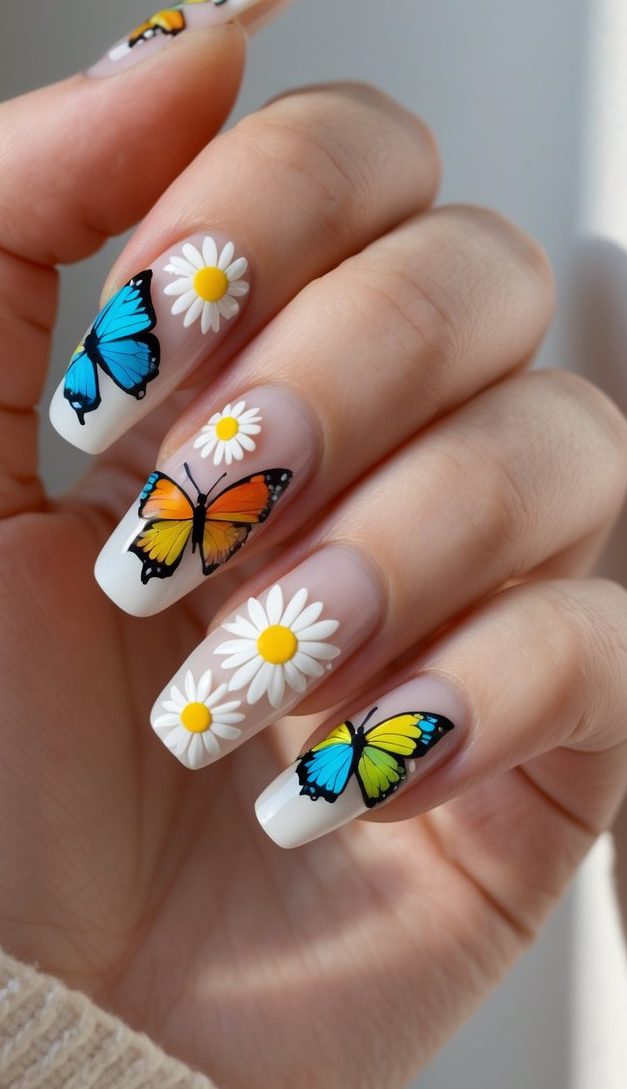 Glossy square nails adorned with bright daisies and vibrant butterflies in motion, showing a warm butterfly nail art idea.