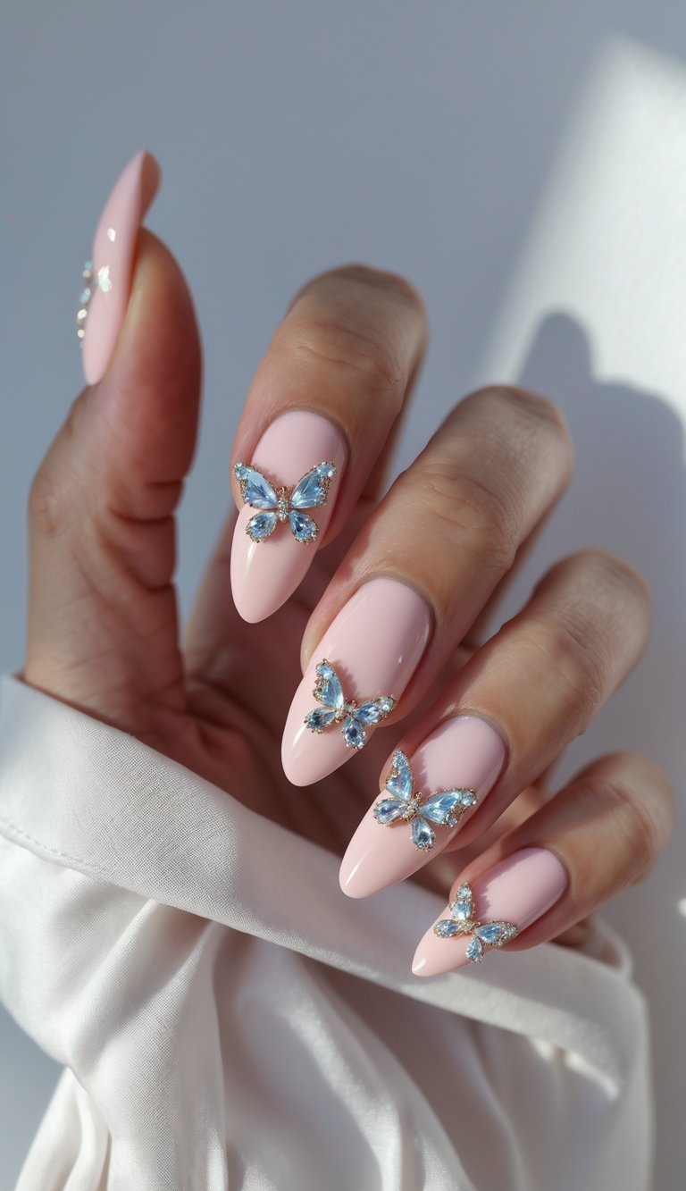 Hand with pale pink almond nails decorated with gem-encrusted blue butterfly charms, showcasing a refined butterfly nail art idea.