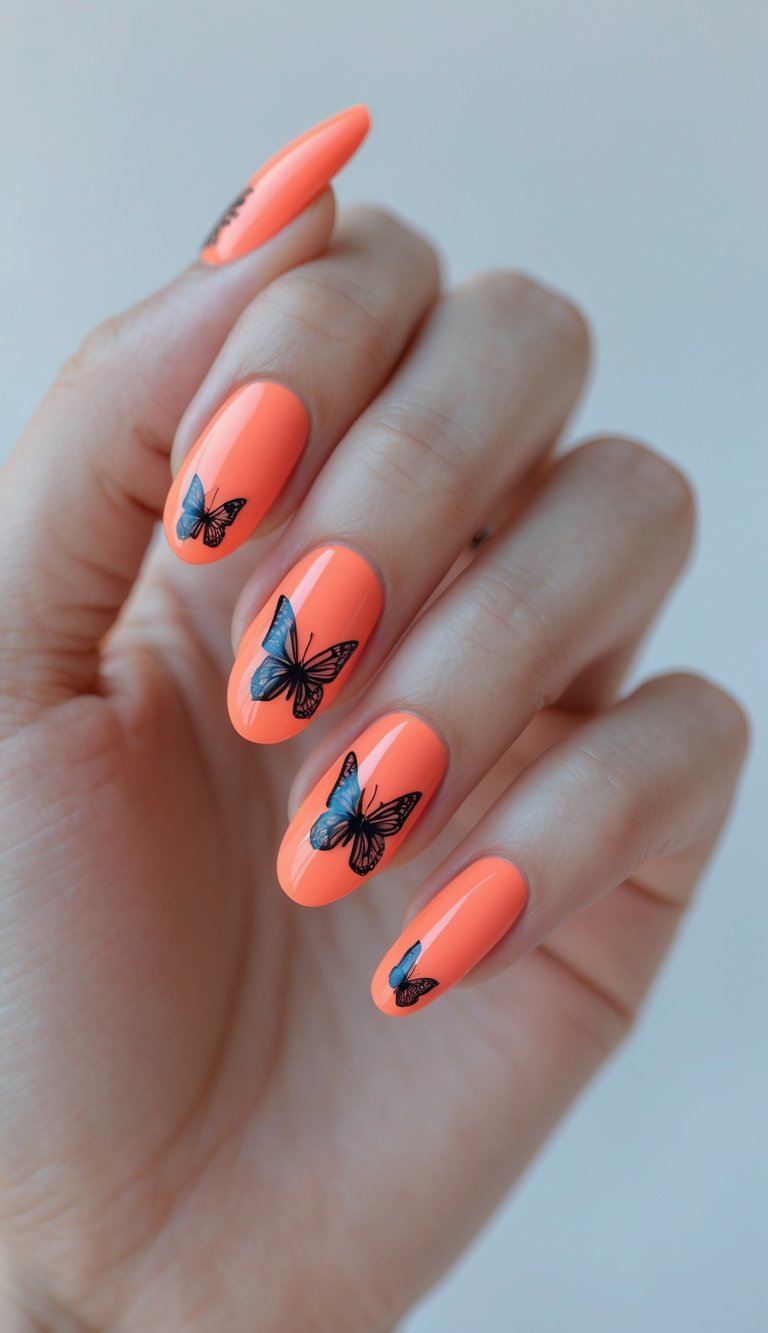 Bright orange nails with black-and-blue butterfly decals, capturing a tropical butterfly nail art idea that feels bold, summery, and playful.