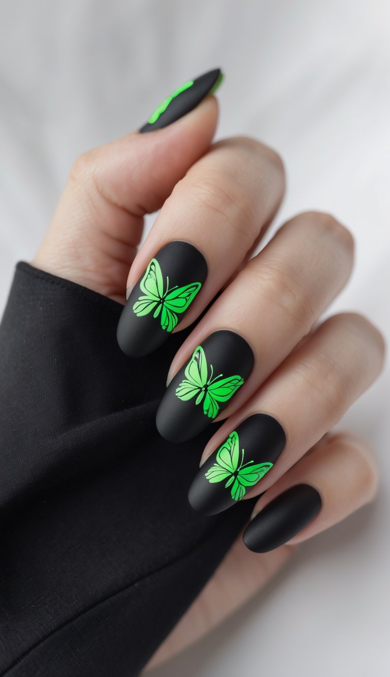 Black matte nails accented with bright, luminous green butterflies representing a glow-inspired butterfly nail art idea.