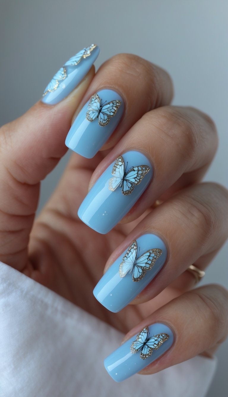 Soft powder blue nails adorned with gold-lined butterflies, offering a graceful interpretation of the butterfly nail art idea.