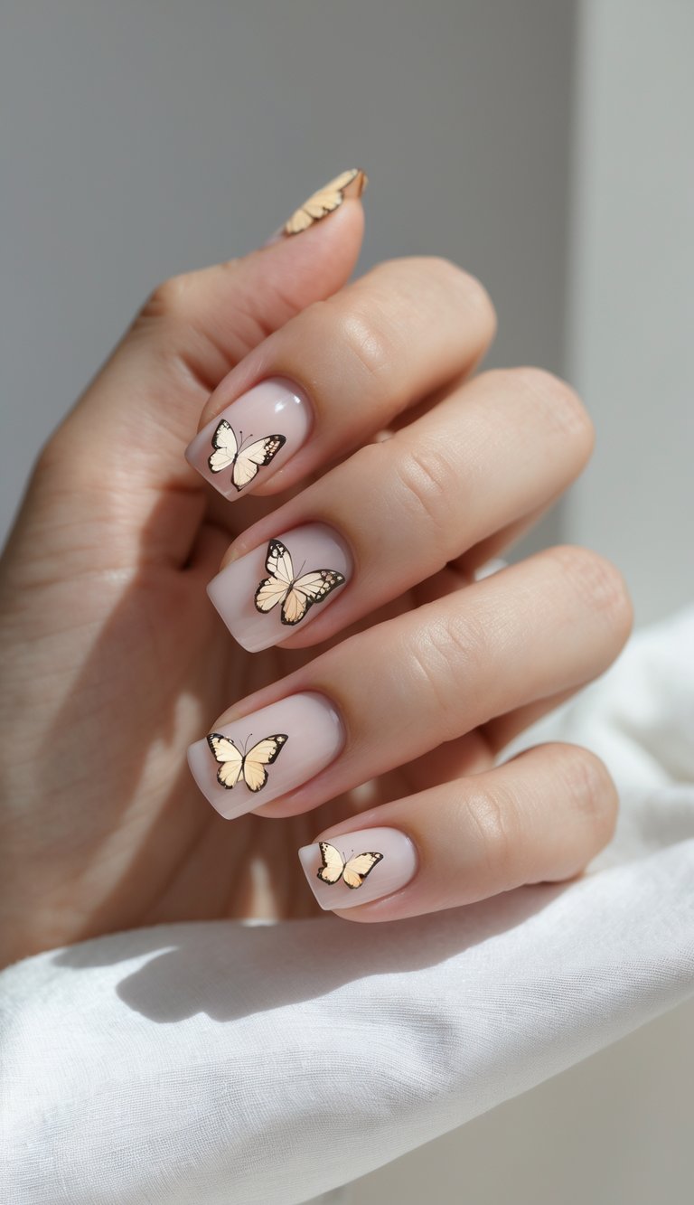 Beige-toned nails with soft butterfly prints, reflecting a serene and minimalist butterfly nail art idea.