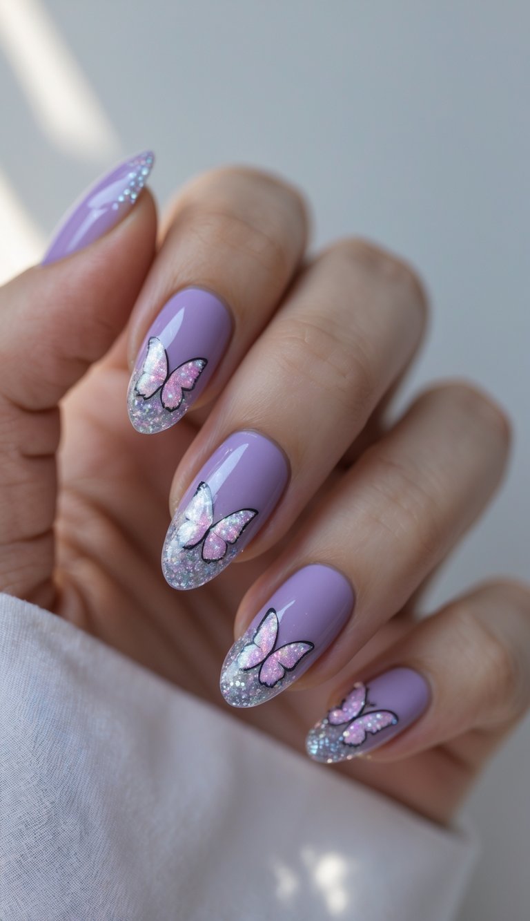 Lavender nails with glitter tips and pink butterfly accents, showing an elegant and whimsical butterfly nail art idea.