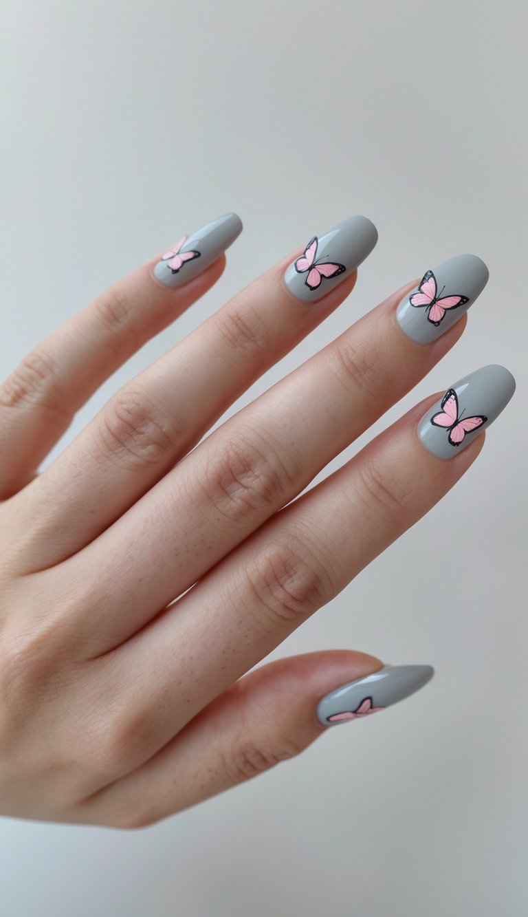 This butterfly nail art idea captures muted elegance—gray nails adorned with delicate pink butterflies for a look that’s calm yet charming.