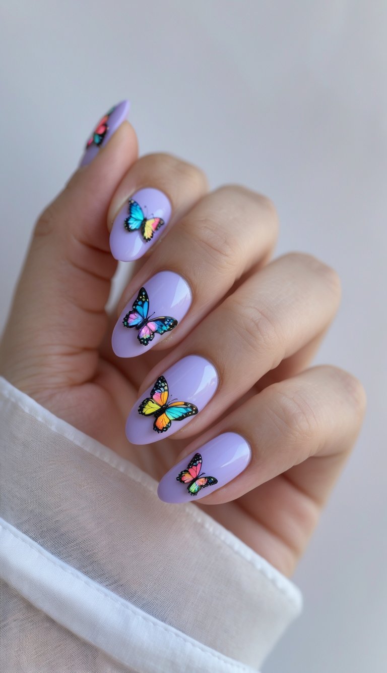 Butterfly nail art idea with multicolored wings on glossy purple nails
