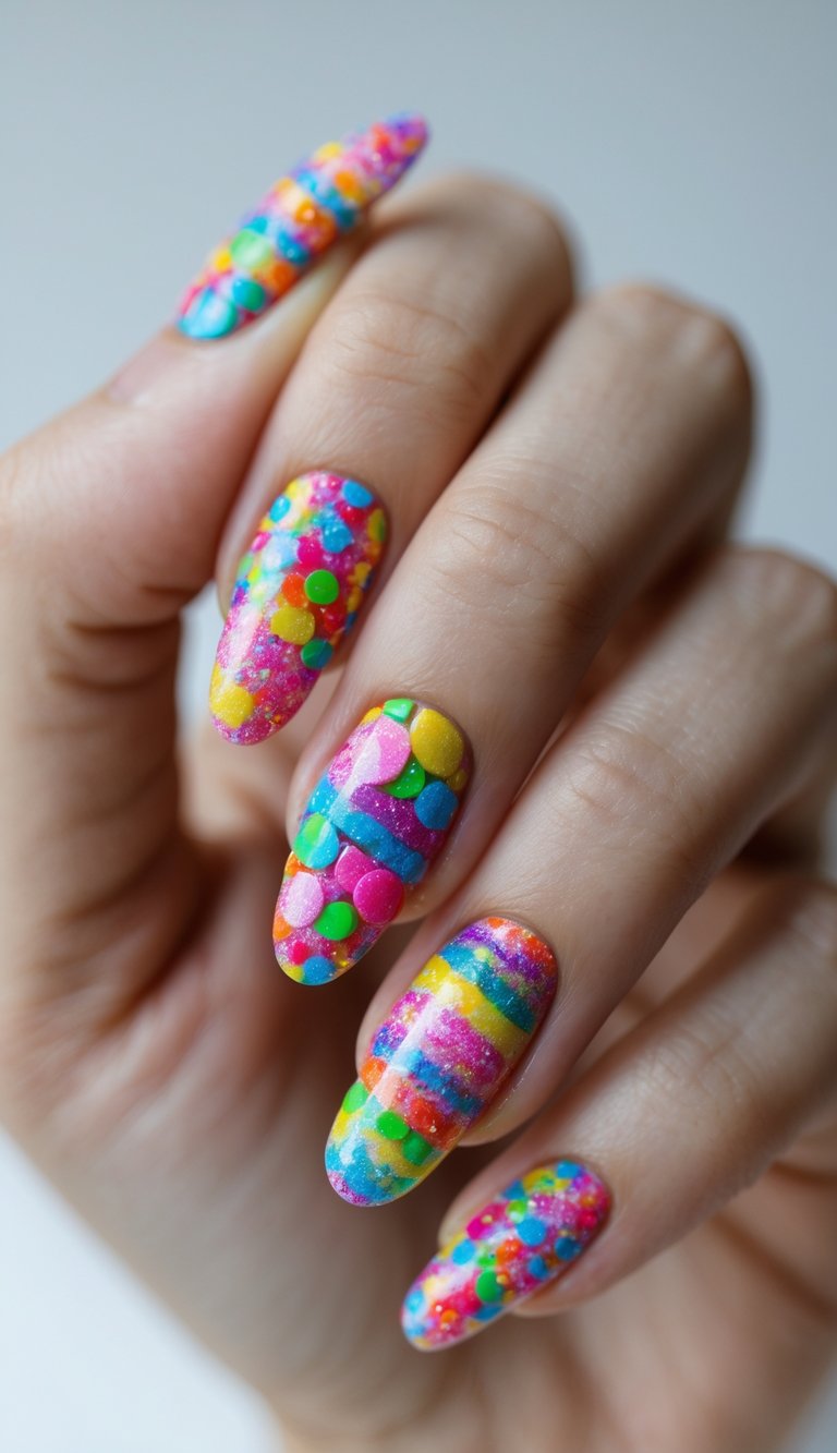Close-up of one hand with colorful, detailed nail art on each finger against a white background.