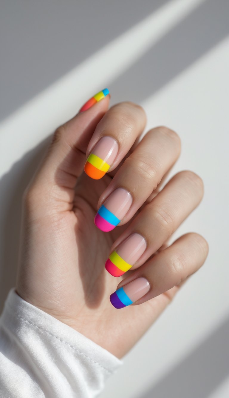 Skittle nail art idea with crisp horizontal bands of neon pink, yellow, orange, and blue over a translucent nude base