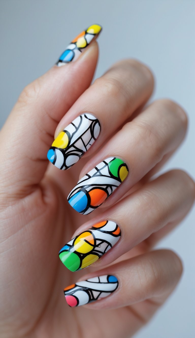 Skittle nail art idea featuring bold rainbow shapes outlined in black over a white base for a retro graphic effect