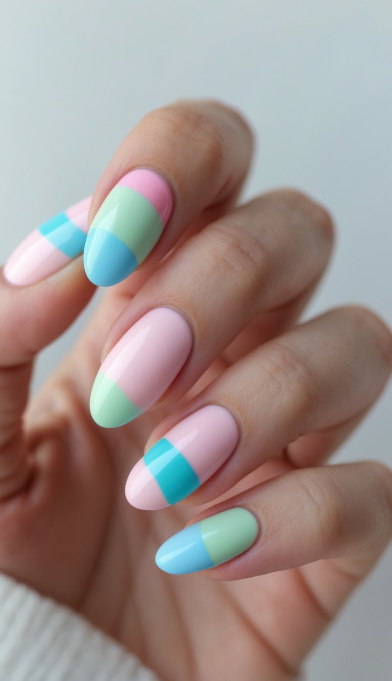 Skittle nail art idea with pastel color blocking in pink, blue, and green shades arranged in clean curved and striped segments