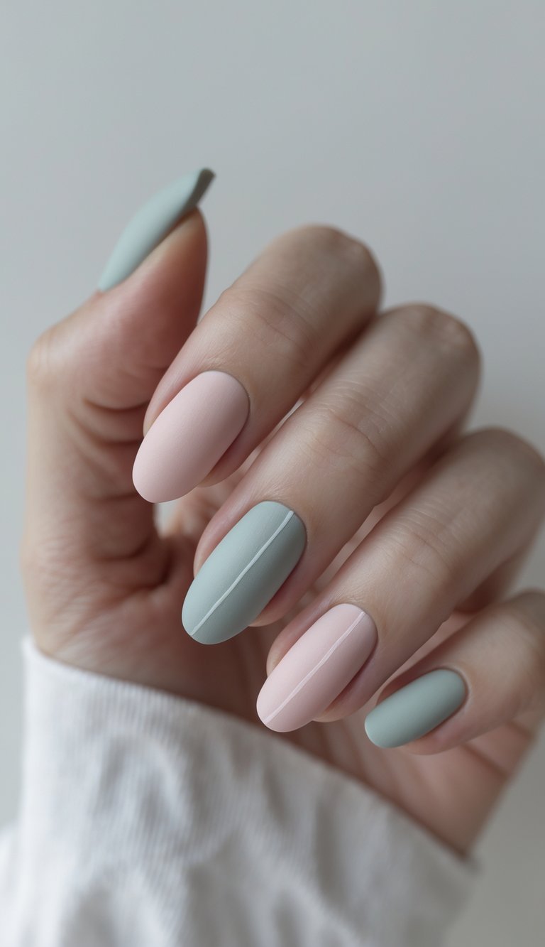 Skittle nail art idea with alternating matte pastel pink and sage nails, detailed with soft central white lines for a clean finish