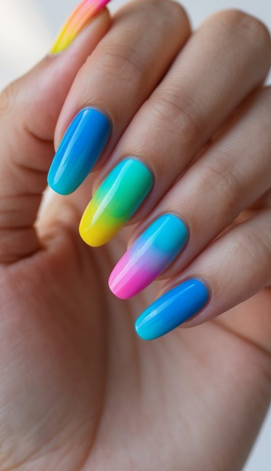 Skittle nail art idea with glossy rainbow ombré nails in neon pink, blue, green, and yellow gradients