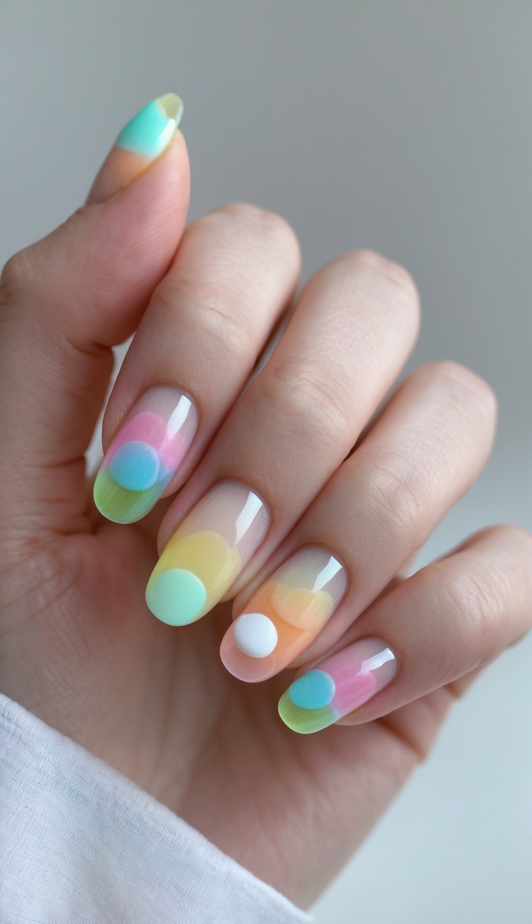 Skittle nail art idea with layered pastel dots in a jelly-like finish over a clear base for a soft, playful vibe