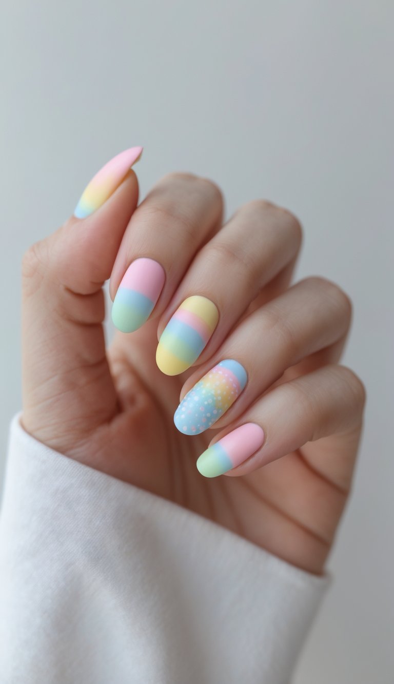 Skittle nail art idea featuring matte color-block pastels and a dotted detail over rainbow hues on one accent nail