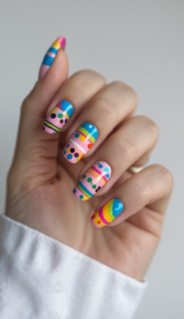 Skittle nail art idea featuring colorful stripes and polka dots in a playful confetti-inspired design