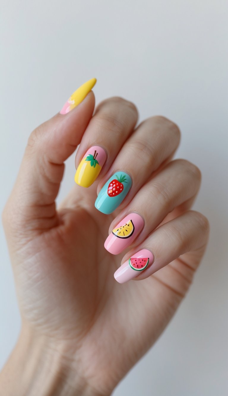 Skittle nail art idea featuring colorful fruit accents like strawberry, watermelon, and pineapple on pastel nail polish bases